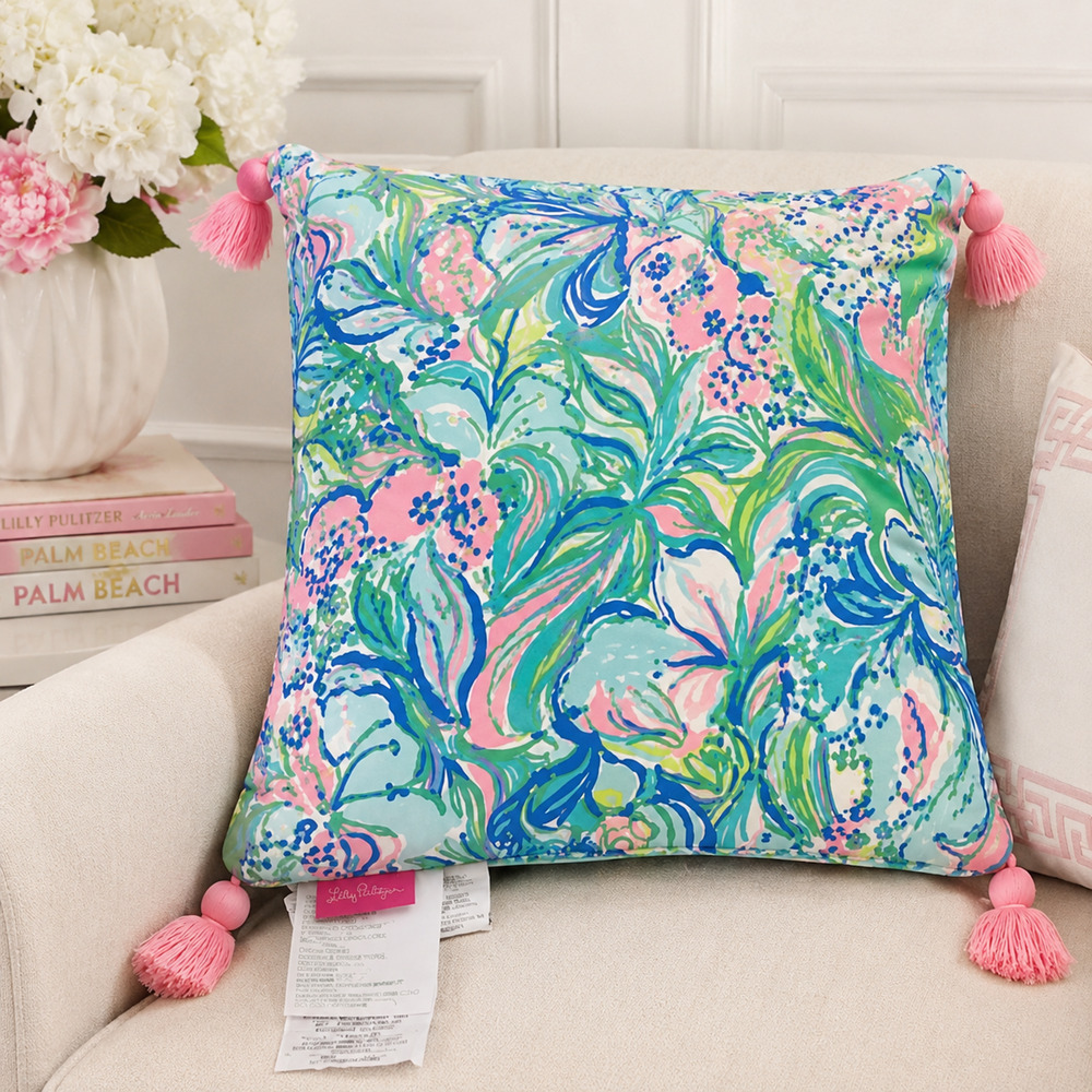 Lilly Pulitzer Feline Good Decorative Tassel Accent Pillow Tropical Pink Blue